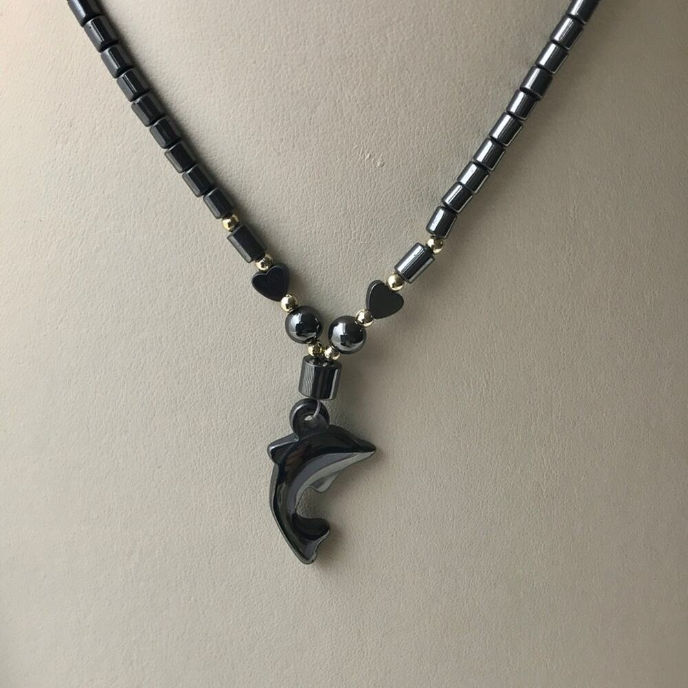 Black Hematite Stone Dolphin Pendant Beaded Necklace